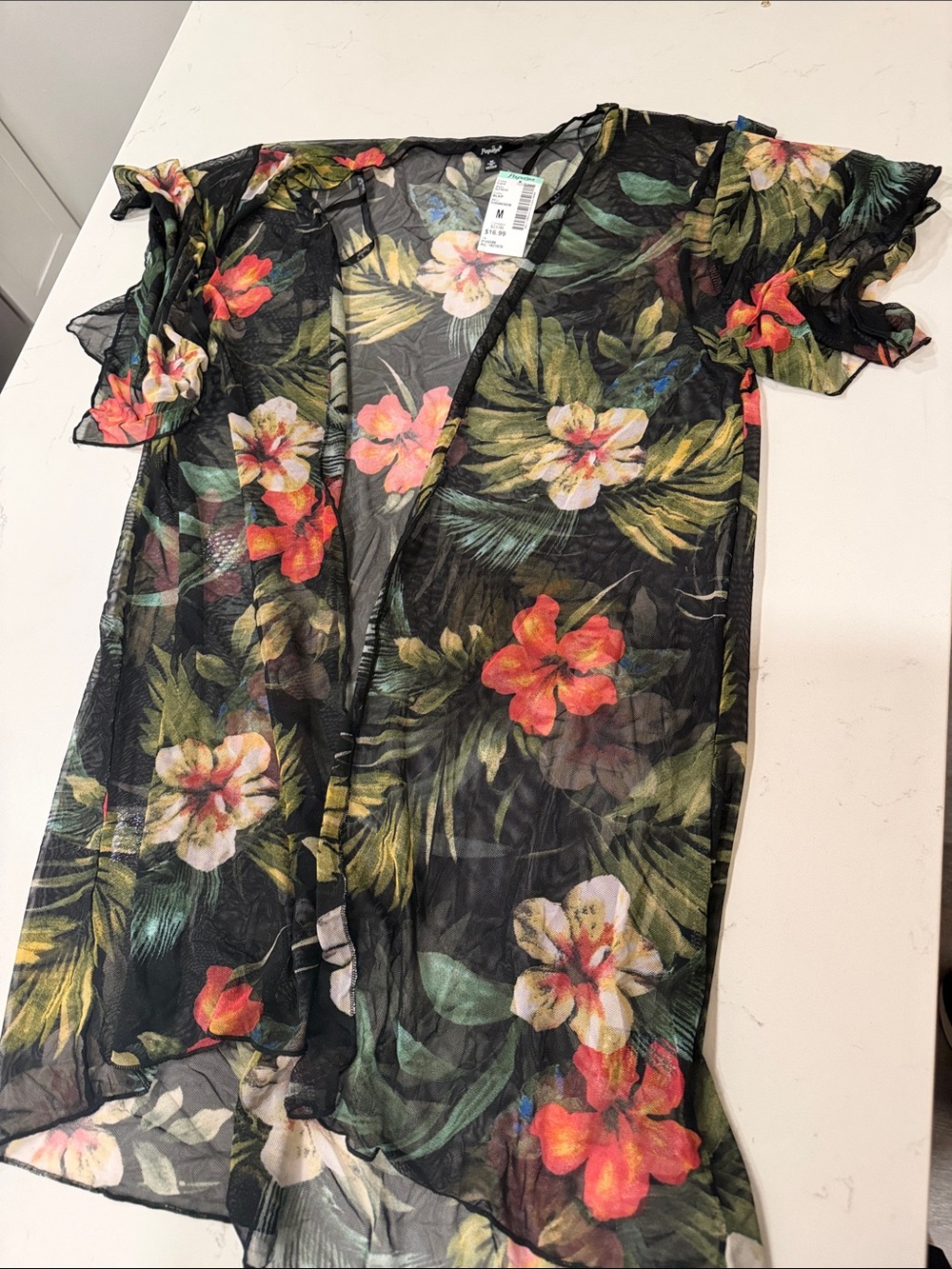 Papaya Black Sheer Floral Kimono with Tropical Print